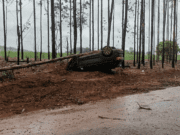 Veículo fica destruído ao capotar em estrada vicinal de Costa Rica