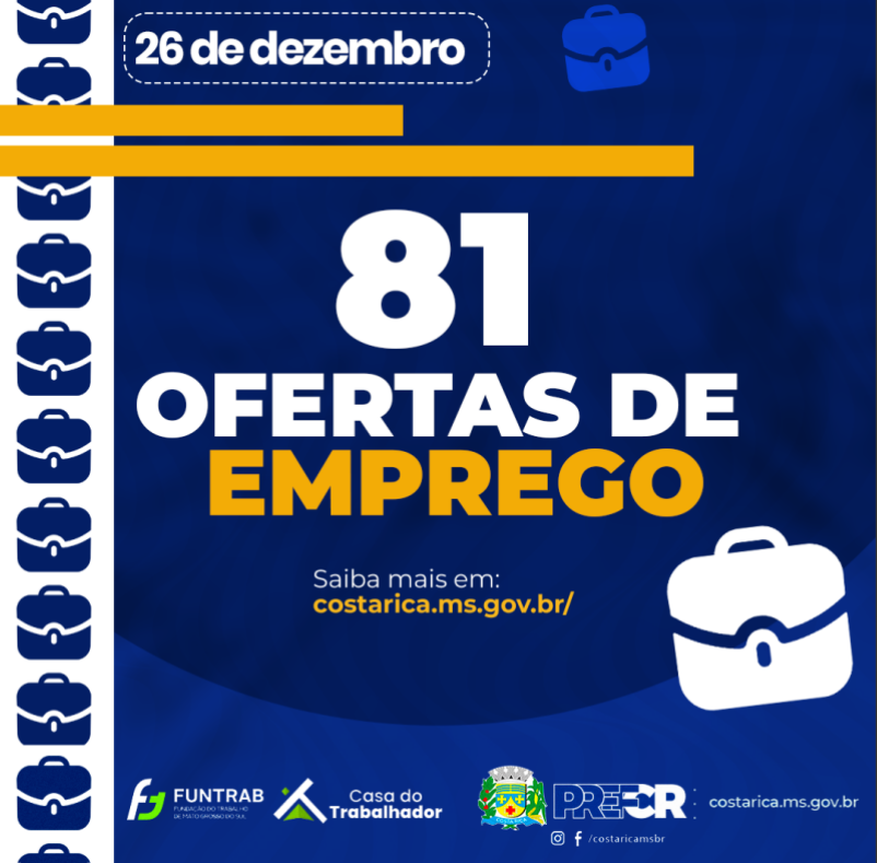 Casa do Trabalhador de Costa Rica tem 81 vagas de emprego disponíveis