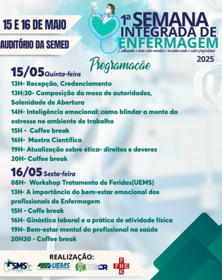 1ª Semana Integrada de Enfermagem acontece dias 15 e 16 em Costa Rica com foco no bem-estar mental e valor profissional