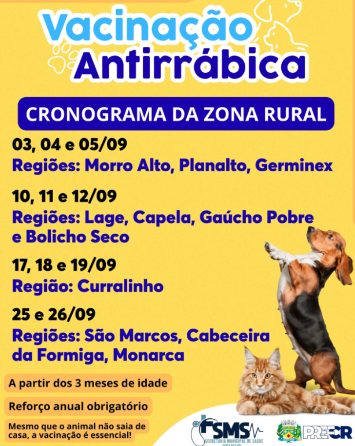 Cronograma de Vacinação Antirrábica para a zona rural de Costa Rica em setembro