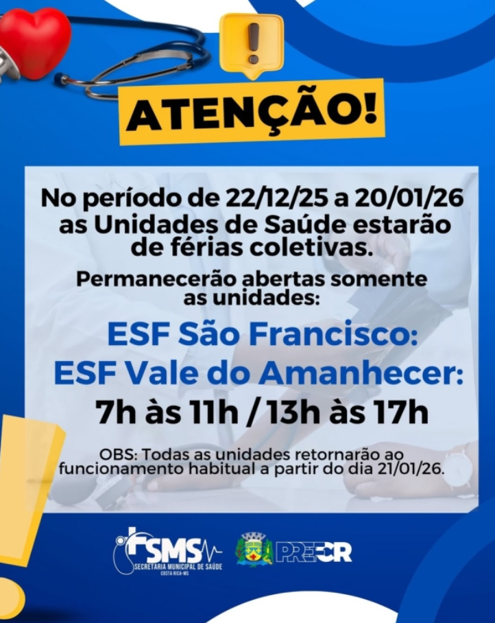 Férias Coletivas de servidores alteram funcionamento nas Unidades de Saúde de Costa Rica