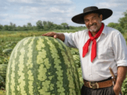 Gaúcho colhe melancia gigante no interior de Alegrete