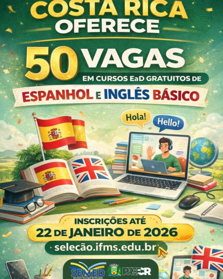 Costa Rica oferece 50 vagas em cursos EaD gratuitos de Espanhol e Inglês Básico pelo IFMS