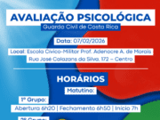 Prova de Avaliação Psicológica do Concurso Público da Guarda Civil de Costa Rica acontece no sábado