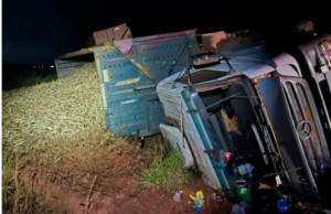 Motorista bêbado adormece ao volante e tomba caminhão carregado com cana na MS-316 em Paraíso das Aguas