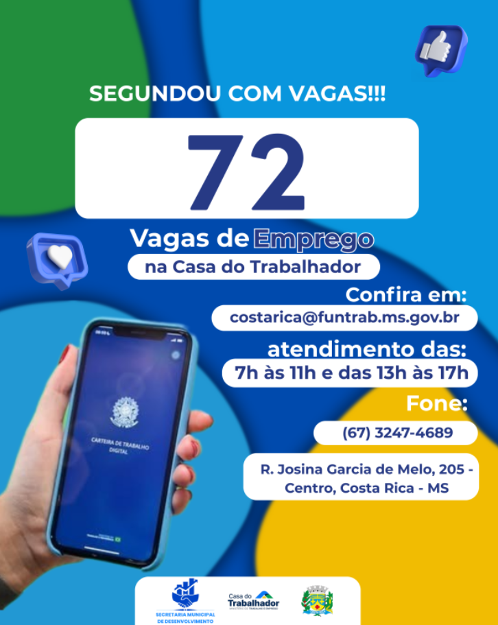 Casa do Trabalhador de Costa Rica abre a semana com 72 vagas de Emprego