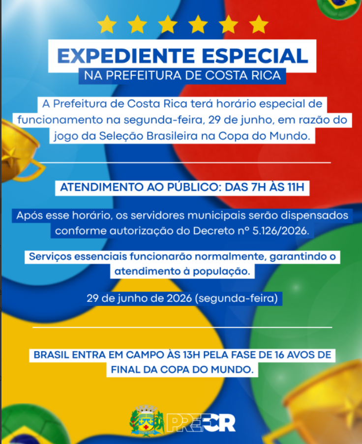 Prefeitura de Costa Rica terá expediente especial na segunda-feira durante jogo da Seleção Brasileira na Copa do Mundo