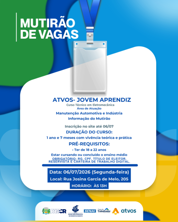 Hoje tem Mutirão de Vagas para Jovem Aprendiz da Atvos na Casa do Trabalhador em Costa Rica