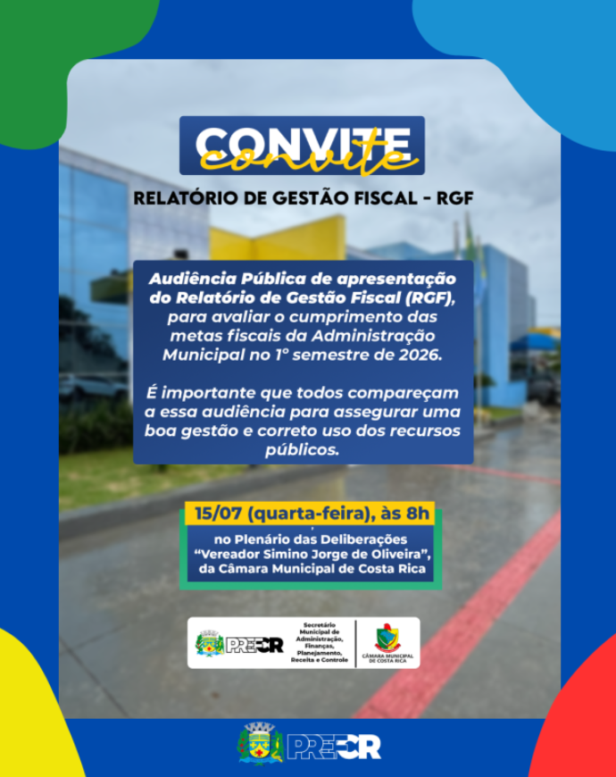 Audiência Pública dia 15 em Costa Rica discute Relatório de Gestão Fiscal do 1º Semestre de 2026
