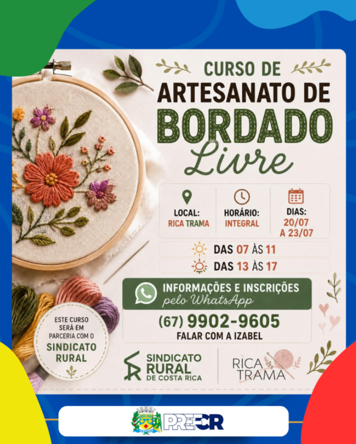 Curso gratuito de artesanato em bordado livre está com inscrições abertas na Rica Trama em Costa Rica