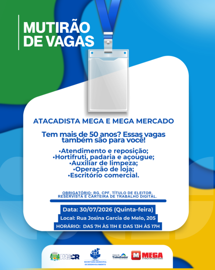 Mutirão de Vagas do Atacadista Mega e Mega Mercado oferece oportunidades para trabalhadores 50+ na Casa do Trabalhador em Costa Rica nesta quinta