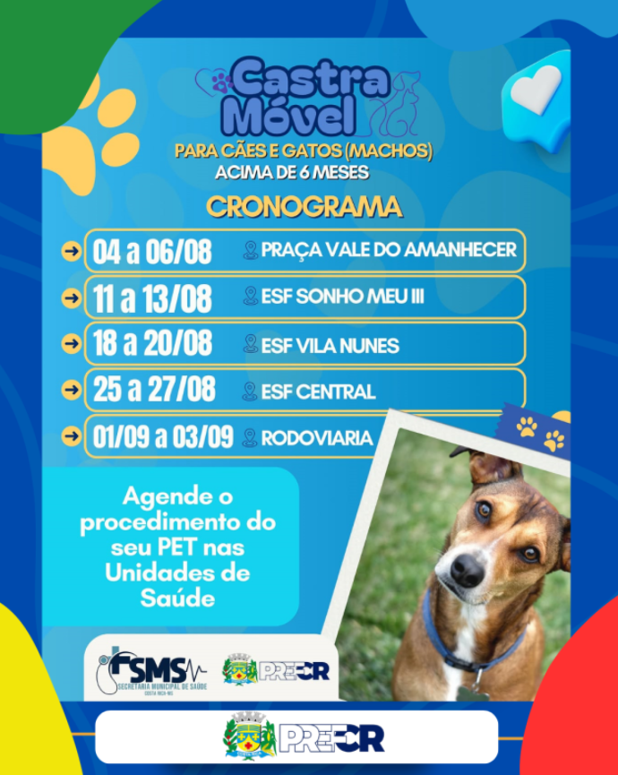 Saúde divulga Cronograma de Atendimentos do Castramóvel para o mês de agosto em Costa Rica