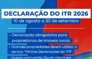 Declaração do ITR 2026 começa em 10 de agosto e termina dia 30 de setembro com novas regras para envio